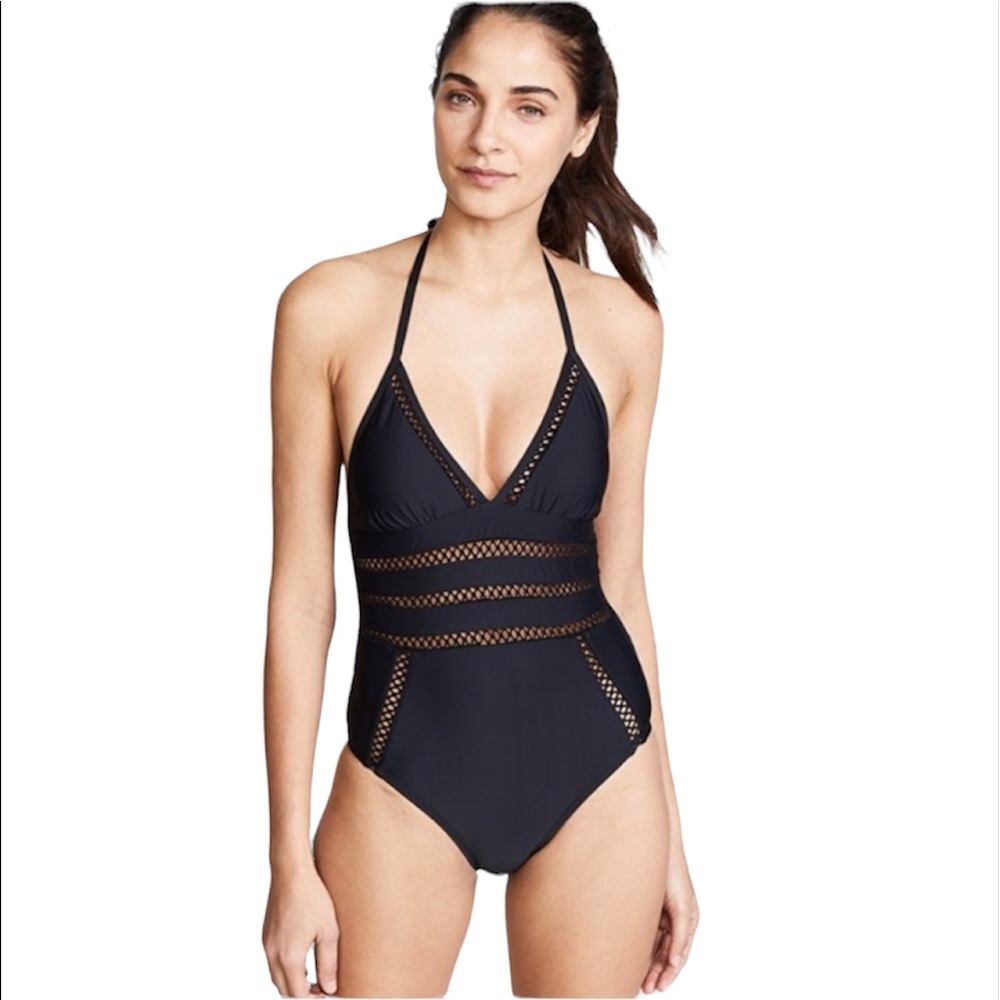 Ella Moss black one piece bathing suit with crochet insets